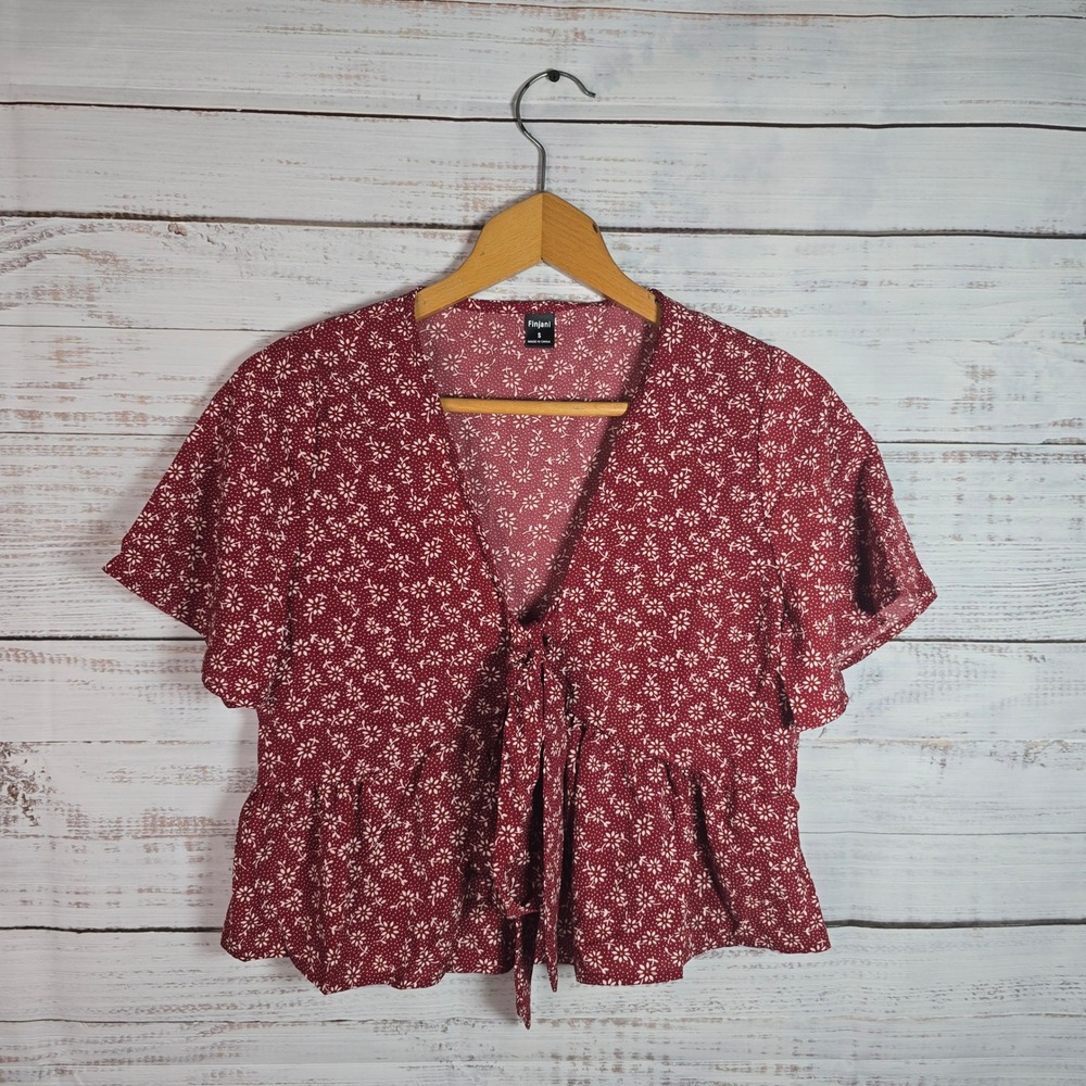 Finjani Floral Tie Front Peplum Blouse‎ Burgundy White Ditsy Print Size Small
